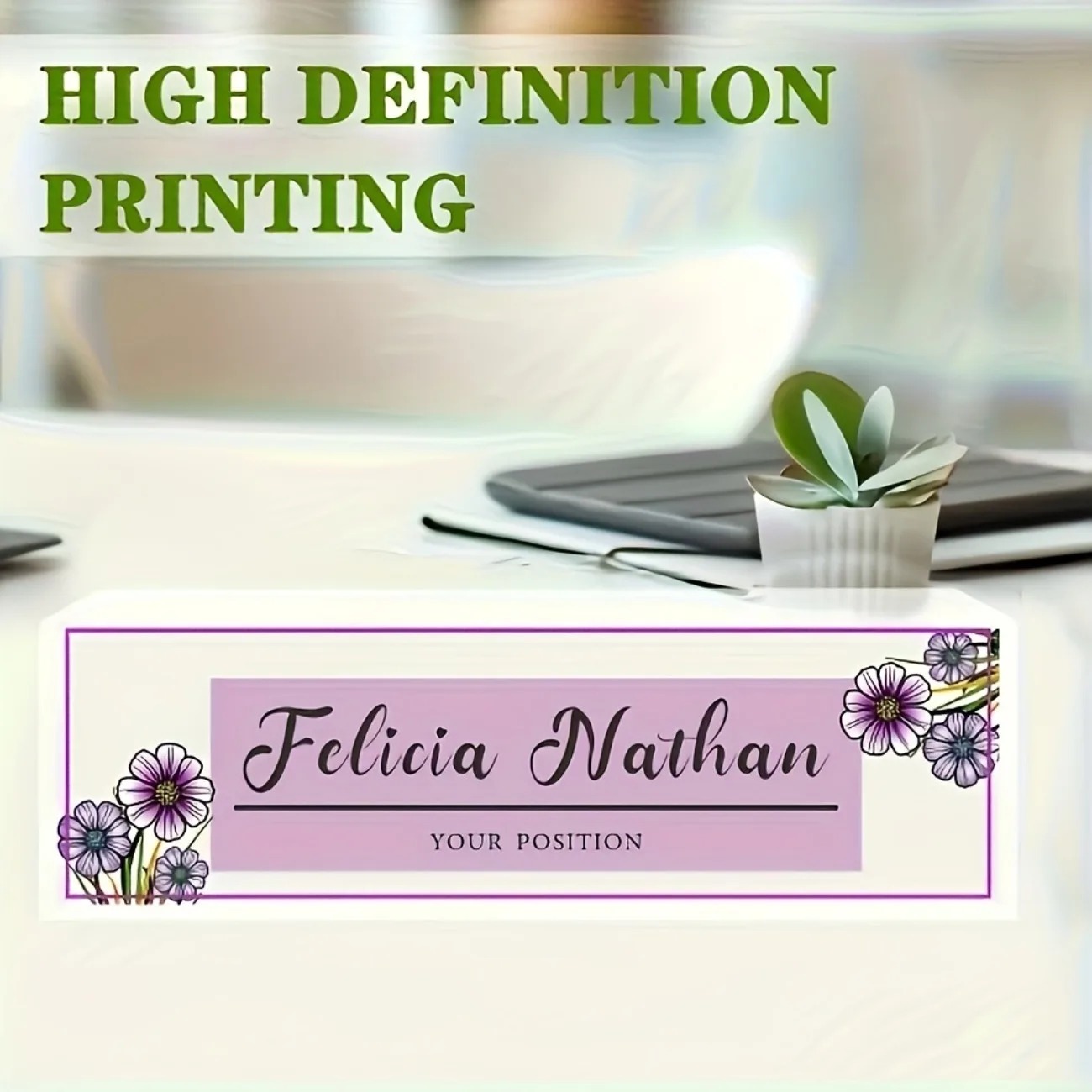Desk Name Plate - Elegant Pink‑Purple Floral Acrylic Desk Nameplate,